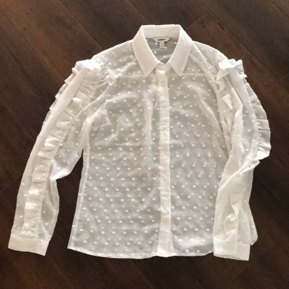 Express white sheer, Swiss dot button down